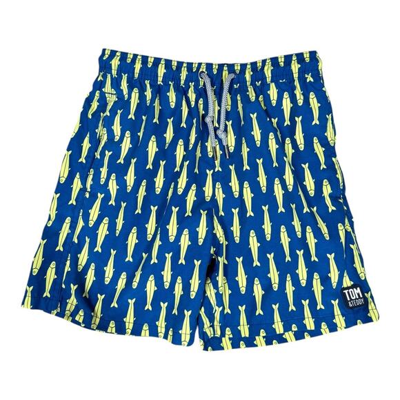 Tom & Teddy Boys Classic Swim Shorts Trunks 9-10 Sardines Print Navy Yellow Fish - Picture 1 of 5